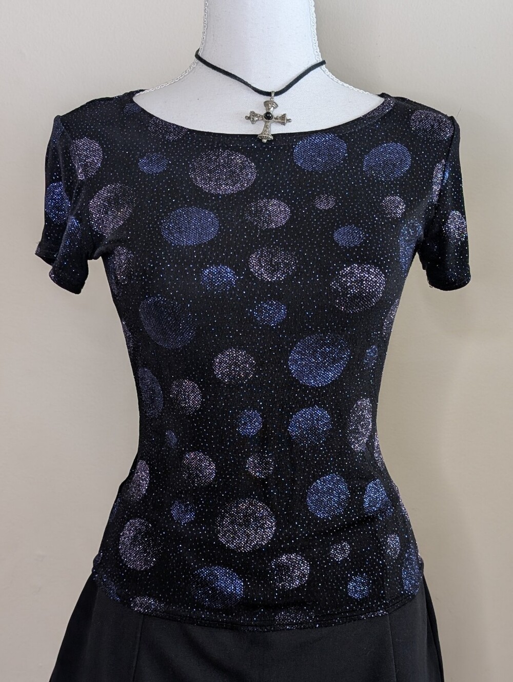 90s Purple Glitter Polka Dot Short-Sleeve Top